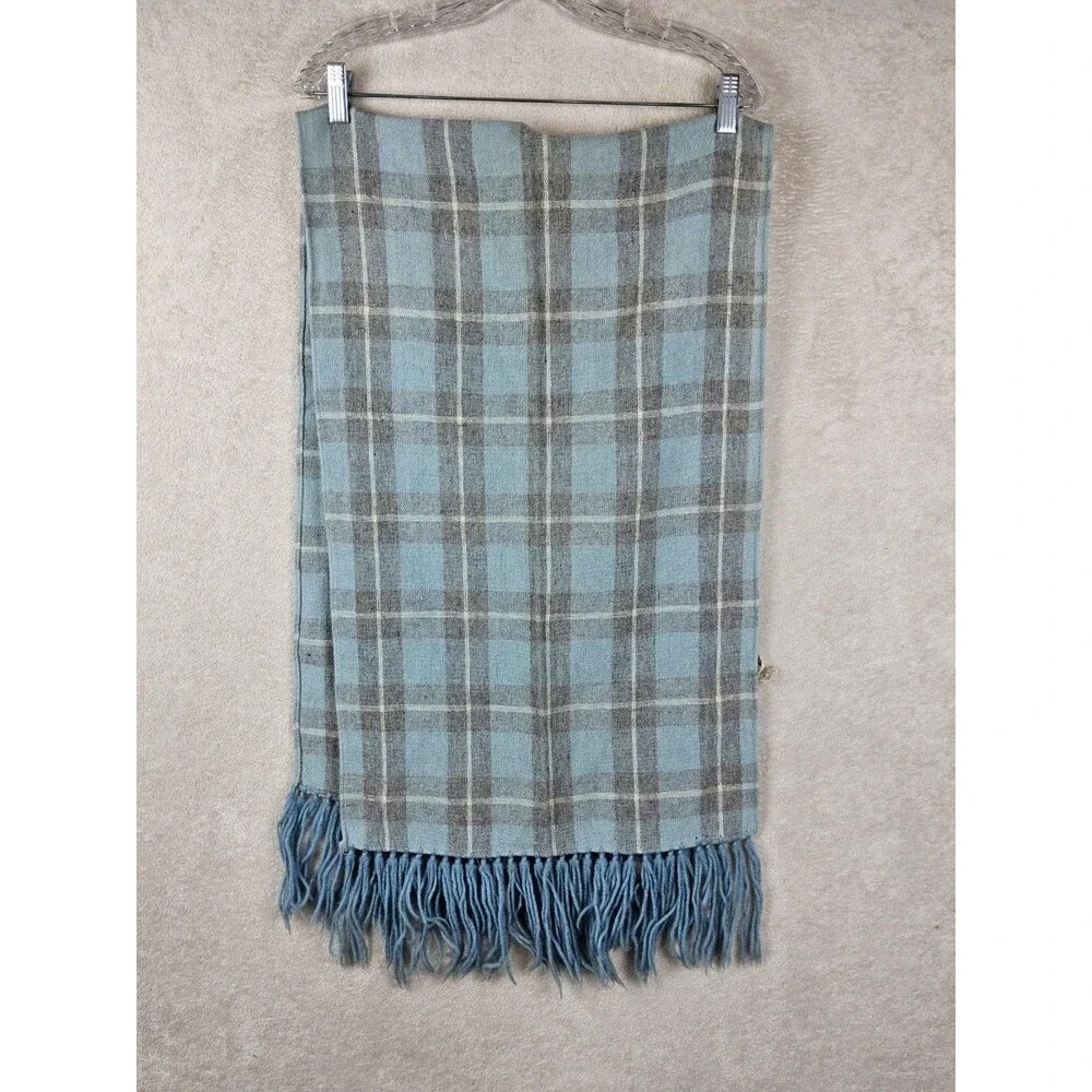 Vintage Wool Fringe Classic Blue Grey Plaid Scarf 58x17